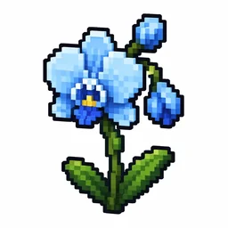 Pixel art illustration of a blue orchid in chunky voxel game style