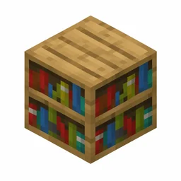 Pixel art illustration of a wooden bookshelf block filled with colorful books
