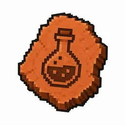 Pixel art illustration of a terracotta pottery sherd engraved with a potion bottle pictograph