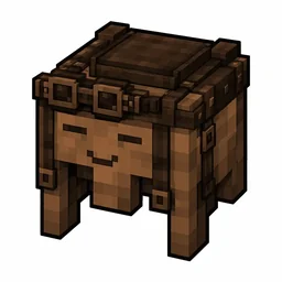 Pixel art illustration of a brown happy ghast harness with a saddle seat and straps