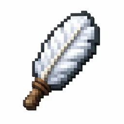 Pixel art illustration of a brush, a white feather tied to a short wooden handle