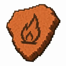 Pixel art illustration of a terracotta pottery sherd engraved with a flame pictograph