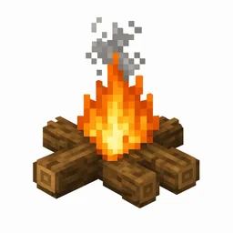 Pixel art illustration of a campfire with crossed logs and bright orange flames