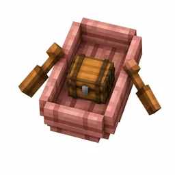 Pixel art illustration of a soft pink cherry boat with a chest strapped in the middle