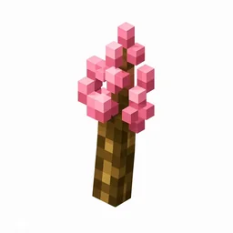 Pixel art illustration of a cherry sapling with a brown trunk and soft pink blossom leaves