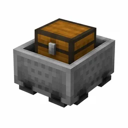 Pixel art illustration of a minecart carrying a brown wooden chest