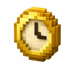 Pixel art illustration of a round golden clock with a light dial