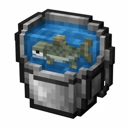 Pixel art illustration of a metal bucket with a live cod inside