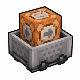 Pixel art illustration of a minecart with command block in chunky voxel game style