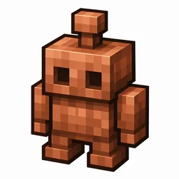 Pixel art illustration of a copper golem statue, warm orange-brown metal