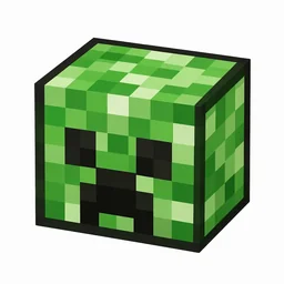 Pixel art illustration of a creeper head, a blocky decorative head block