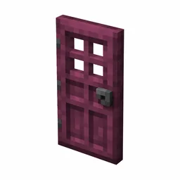 Pixel art illustration of a crimson wooden door with window holes and a gray metal handle