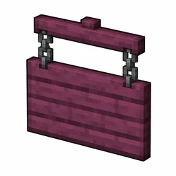 Pixel art illustration of a crimson hanging sign board suspended from two gray metal chains