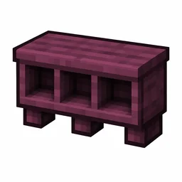 Pixel art illustration of a crimson wall shelf with three display cubbies