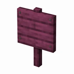 Pixel art illustration of a crimson wooden sign board on a short post