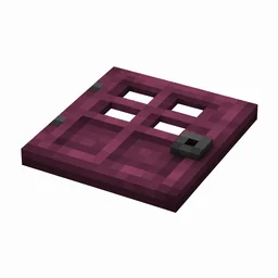 Pixel art illustration of a flat crimson wooden trapdoor with a dark metal ring handle