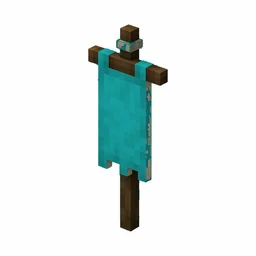 Pixel art illustration of a cyan banner hanging from a wooden pole