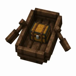 Pixel art illustration of a deep dark brown dark oak boat with a chest strapped in the middle