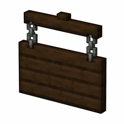Pixel art illustration of a dark oak hanging sign board suspended from two gray metal chains