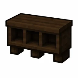 Pixel art illustration of a dark oak wall shelf with three display cubbies