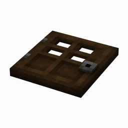 Pixel art illustration of a flat dark oak wooden trapdoor with a dark metal ring handle