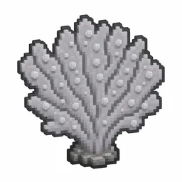 Pixel art illustration of a dead gray purple coral fan, a dried lifeless coral frond