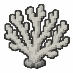 Pixel art illustration of a dead gray yellow coral fan, a dried lifeless coral frond