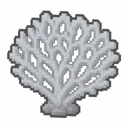 Pixel art illustration of a dead gray blue coral fan, a dried lifeless coral frond