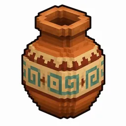 Pixel art illustration of a decorated pot in chunky voxel game style