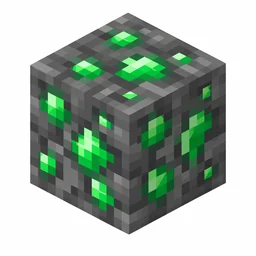 Pixel art illustration of a deepslate emerald ore block with vivid green specks in dark gray deepslate