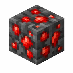 Pixel art illustration of a deepslate redstone ore block with glowing red specks in dark gray deepslate