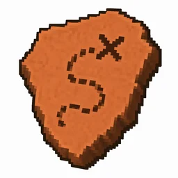 Pixel art illustration of a terracotta pottery sherd engraved with a treasure map pictograph