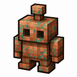 Pixel art illustration of a copper golem statue with lightly patchy green oxidation over copper metal