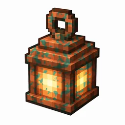 Pixel art illustration of a copper lantern with lightly patchy green oxidation over copper metal
