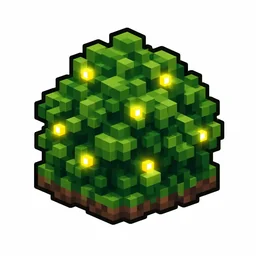 Pixel art illustration of a firefly bush in chunky voxel game style