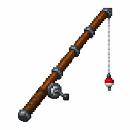 Pixel art illustration of a wooden fishing rod with a line and a red-and-white bobber