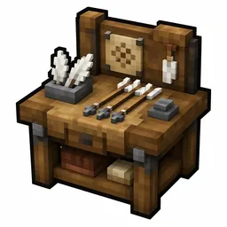 Pixel art illustration of a fletching table in chunky voxel game style