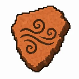 Pixel art illustration of a terracotta pottery sherd engraved with a wind swirl pictograph