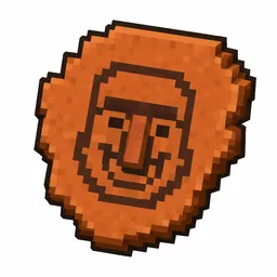 Pixel art illustration of a terracotta pottery sherd engraved with a smiling villager face pictograph