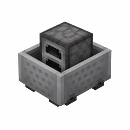 Pixel art illustration of a minecart carrying a gray stone furnace