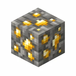 Pixel art illustration of a gold ore block with yellow gold veins in gray stone