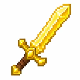 Pixel art illustration of a golden sword with a bright golden-yellow blade