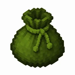 Pixel art illustration of a green dyed bundle pouch tied with string
