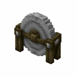 Pixel art illustration of a grindstone with a round stone wheel between wooden legs