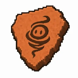 Pixel art illustration of a terracotta pottery sherd engraved with a whirlwind spirit pictograph
