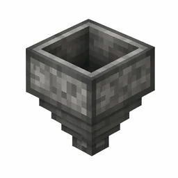 Pixel art illustration of a gray iron hopper funnel narrowing into a small downward tube