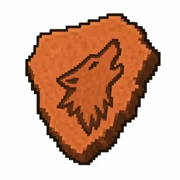 Pixel art illustration of a terracotta pottery sherd engraved with a howling wolf head pictograph