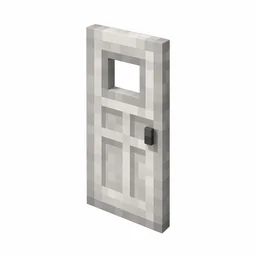 Pixel art illustration of a light gray iron door with a small window and a dark handle