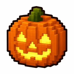 Pixel art illustration of a jack o lantern, an orange pumpkin with a glowing carved face