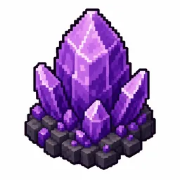 Pixel art illustration of a large purple amethyst crystal bud on a dark stone base